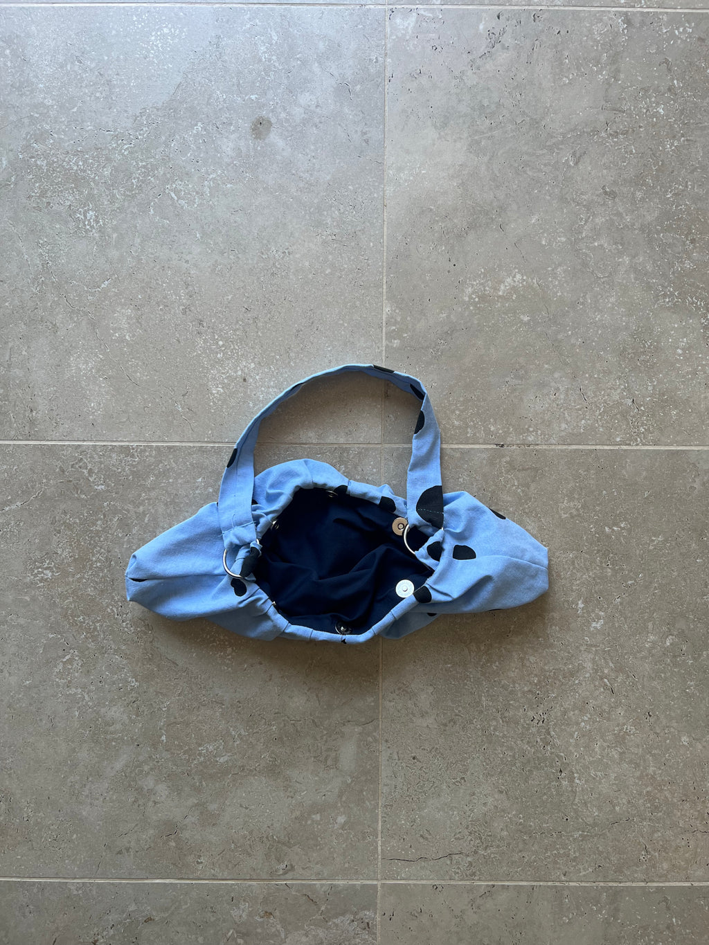 Light Blue and Black Polka Dot Pleated Bag