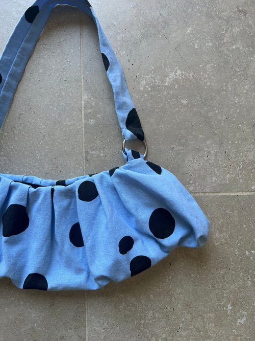 Light Blue and Black Polka Dot Pleated Bag