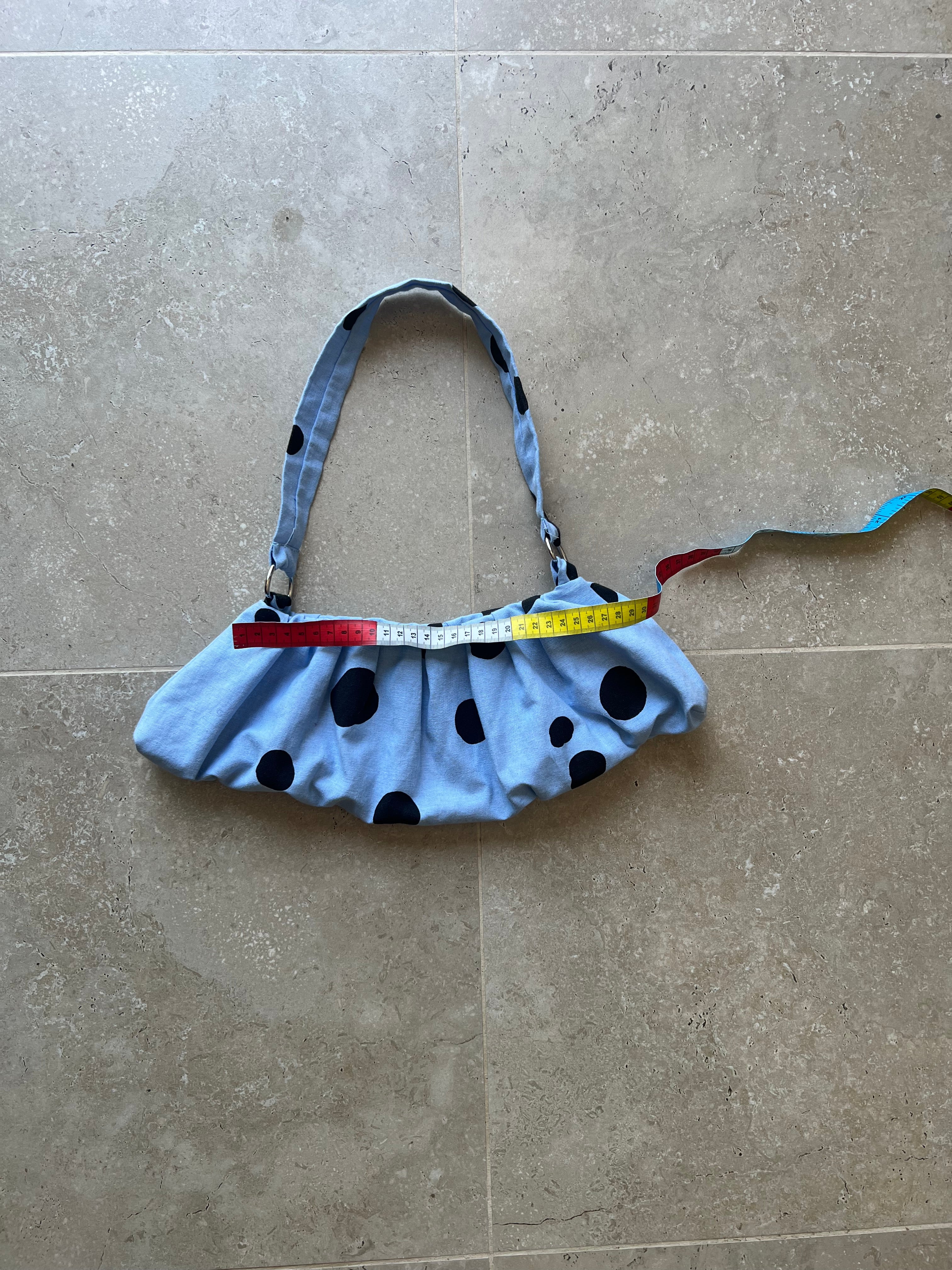 Light Blue and Black Polka Dot Pleated Bag
