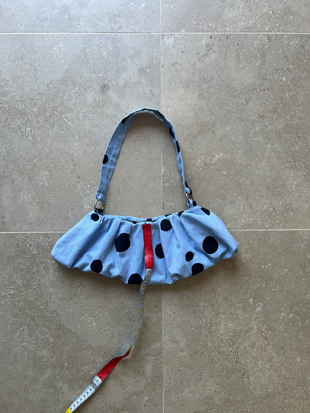 Light Blue and Black Polka Dot Pleated Bag