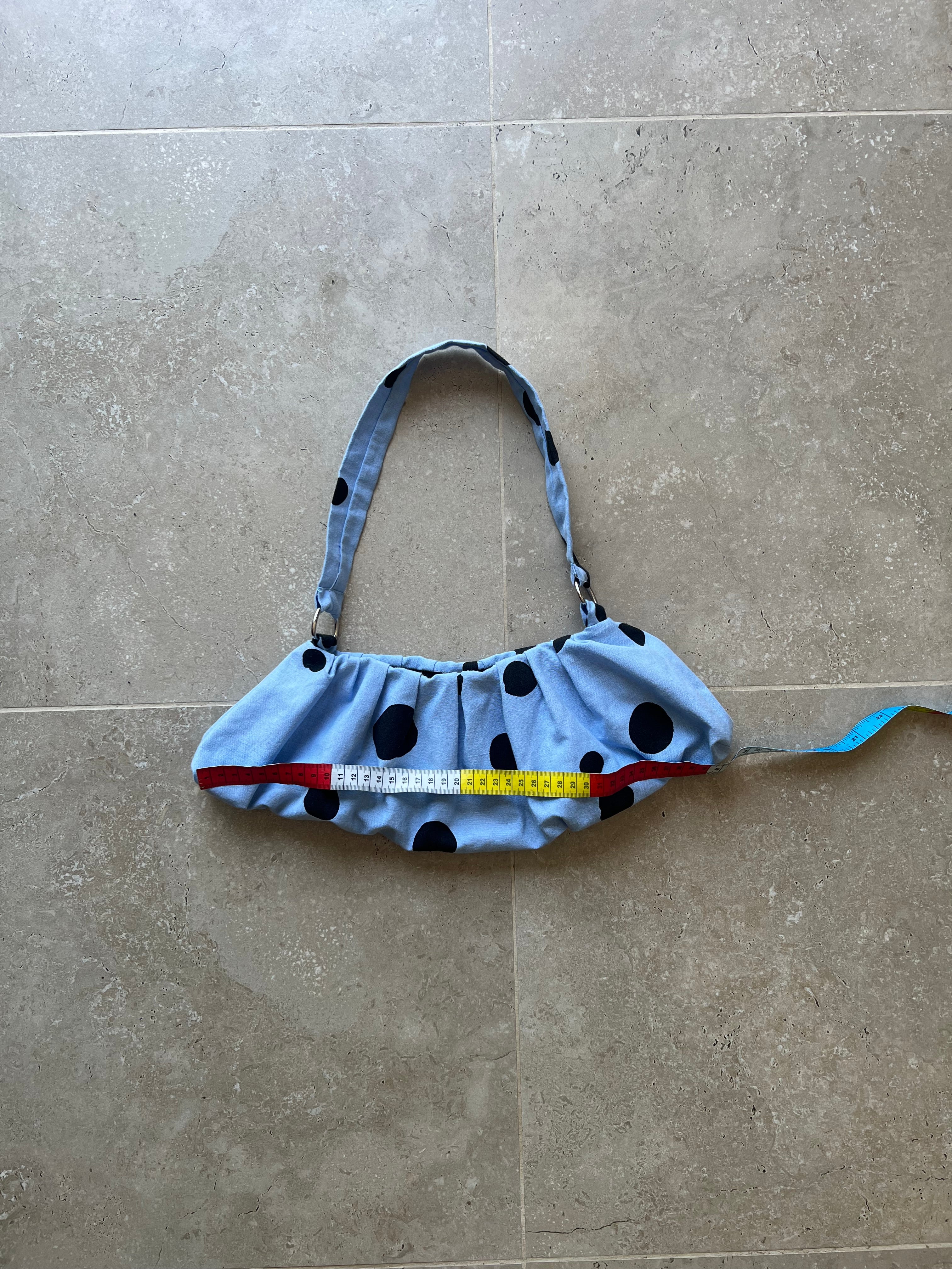 Light Blue and Black Polka Dot Pleated Bag