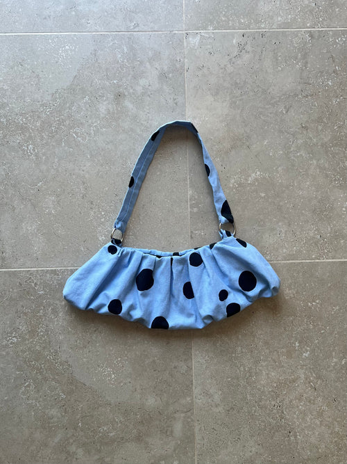 Light Blue and Black Polka Dot Pleated Bag